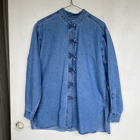 VTG J. Jill Denim Mandarin Collar Frog Button Shirt Tunic Top M Hong Kong 100% C - Picture 1 of 7